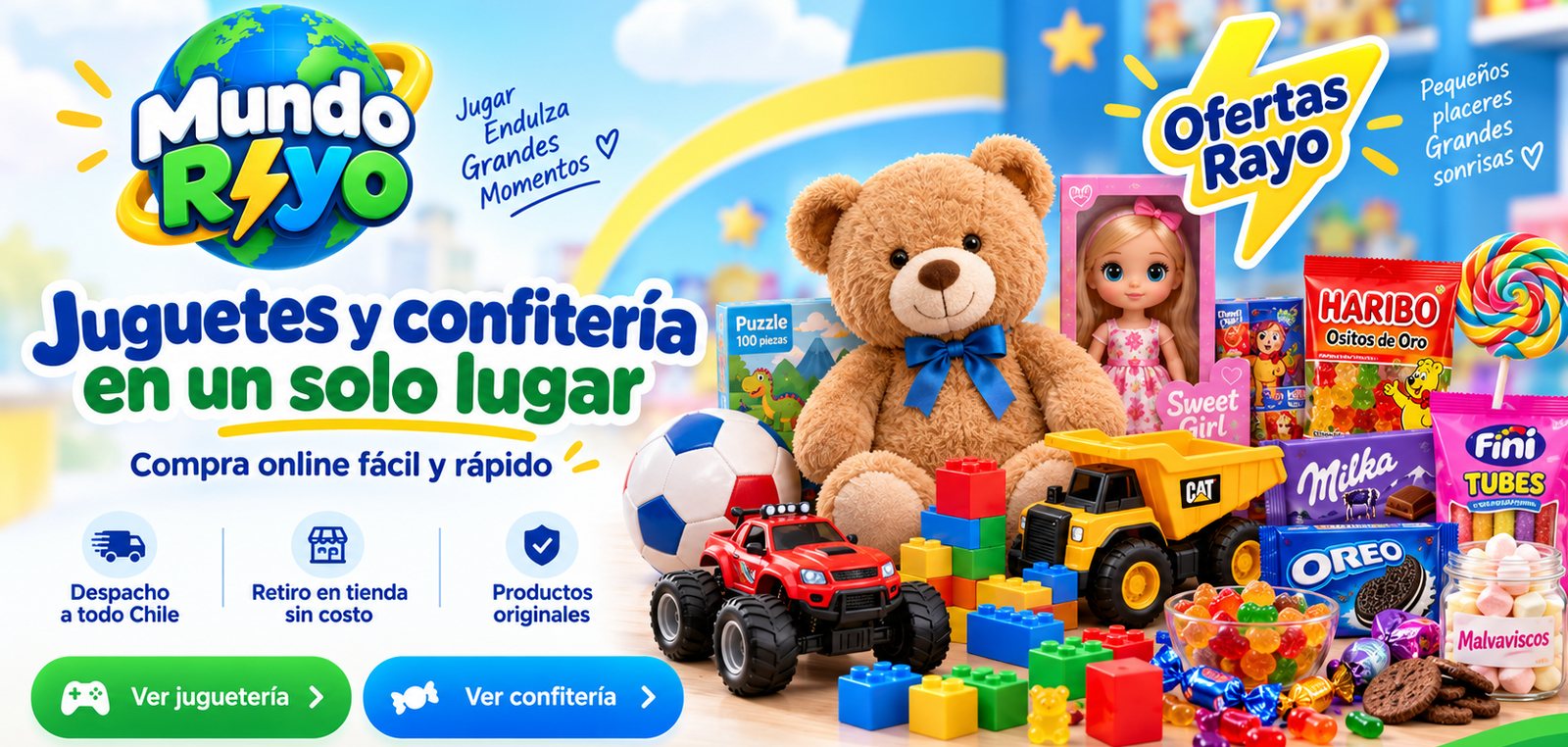 Mundo Rayo: juguetes y confitería en un solo lugar. Compra online fácil y rápido, con despacho a todo Chile, retiro en tienda sin costo y productos originales.